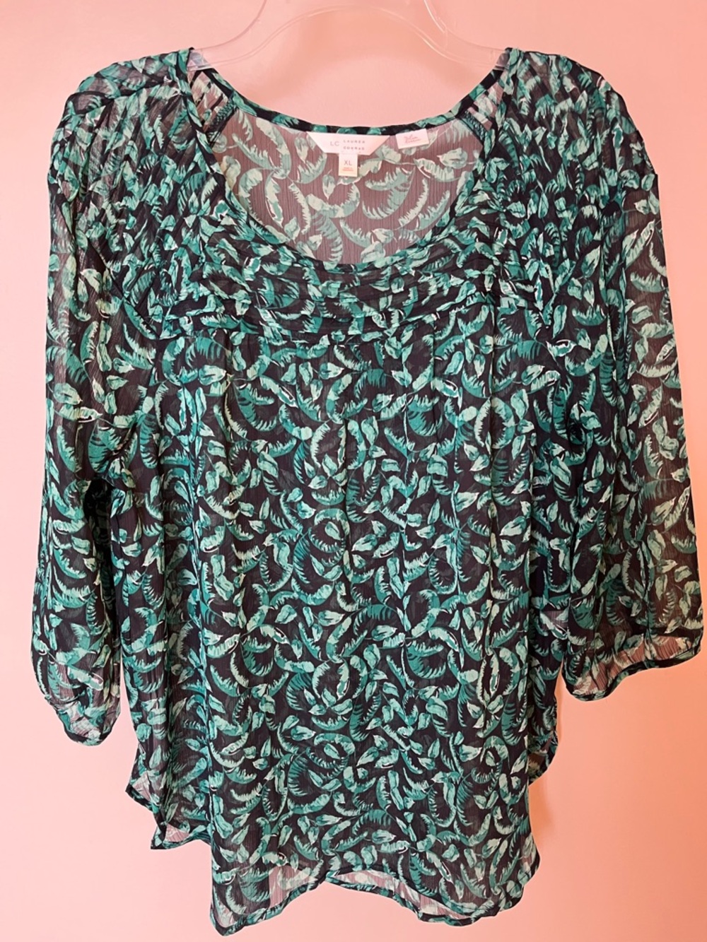 LC Lauren Conrad Black Sheer Blouse with Teal Leaf Pattern size XL exc cond